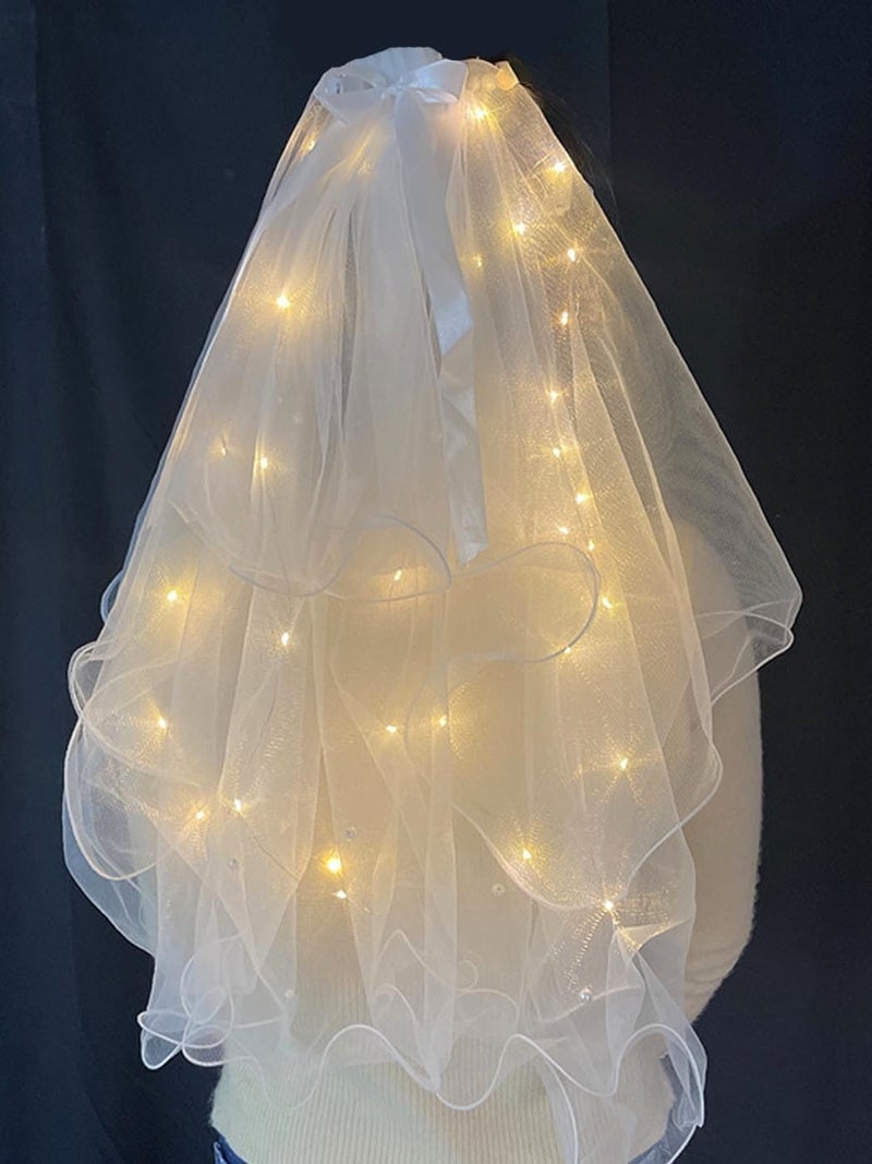 Foyte Light Up Wedding Bridal Veil 2 Tiers Bride Pearl Veils LED Bachelorette Bridal Hair Bow Short Tulle Hair Accessories - Image 5